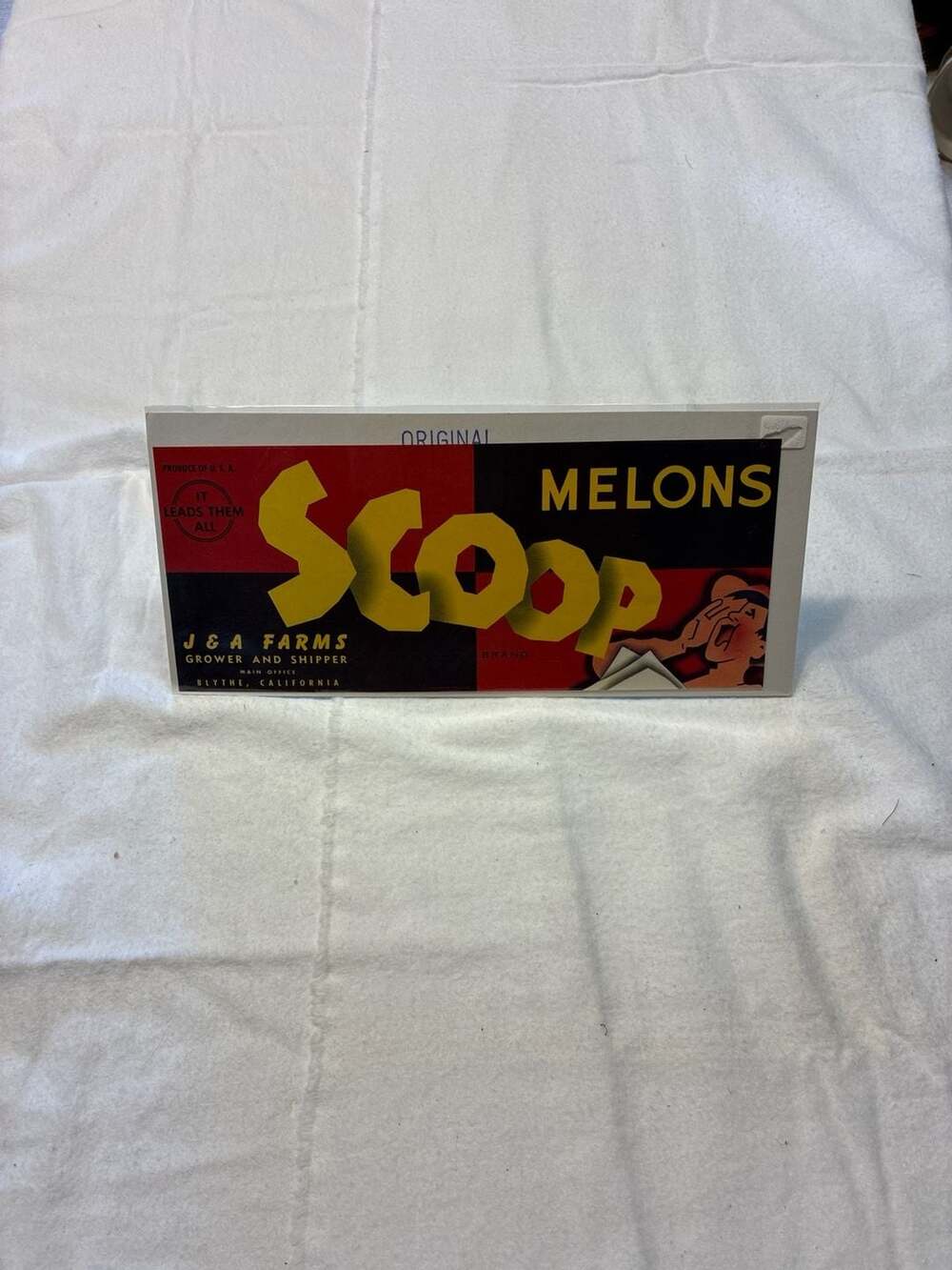 Vintage Scoop Brand Melons Fruit Crate Label J & A Farms Blythe California 9x4